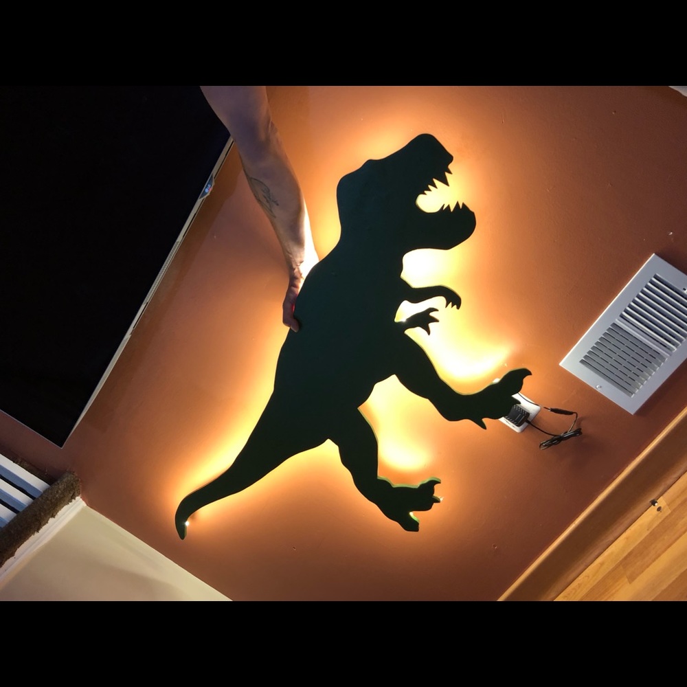 Dinosaur themed wall art with LED dimming lights.